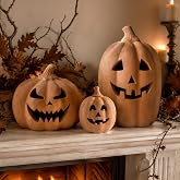 Whaline 3 Pcs Halloween Terracotta Pumpkin Lantern Halloween Decor | Rustic Clay Spooky Pumpkin Table Decoration Vintage Pump