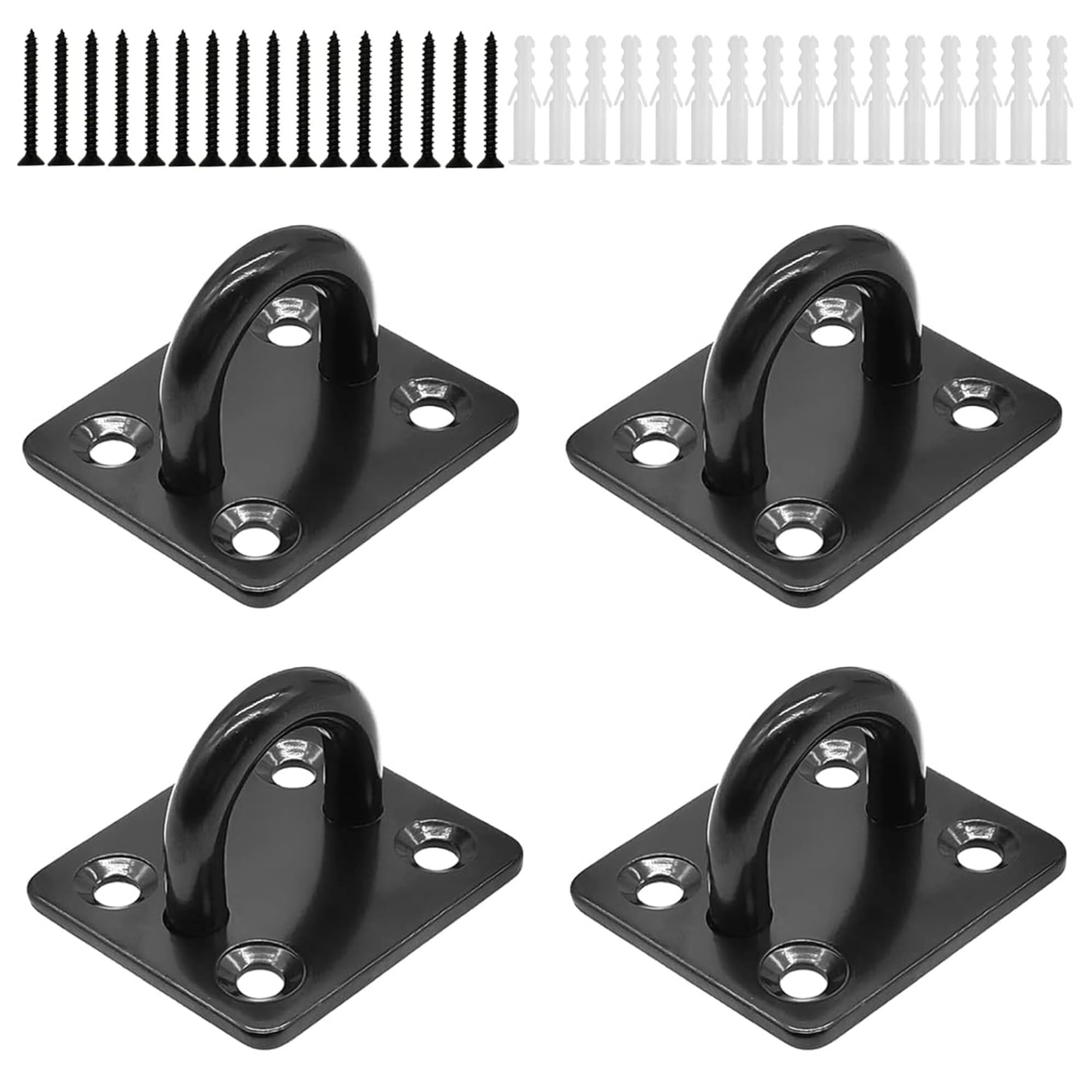 ANBOO 4 x Mounting Hooks, Eye Plate with Eyelet, Eye Plate, Stainless Steel Eye Plate with Ring, 16 Screws and Plastic Plugs for Wall Mounting, Ceiling Mounting, Wall Hooks (4)