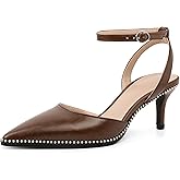 SAMMITOP Kitten Heels for Women Low Heel Closed Toe Ankle Strap Pumps Wedding Party Beaded Dress Shoes 2.4 Inch