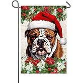 Christmas Dog Garden Flag English Bulldog with Santa Hat Yard Flag 12x18 Inch Double Sided for Outside Xmas Winter Holiday Decorations Banner Front Porch Yard Lawn Decor