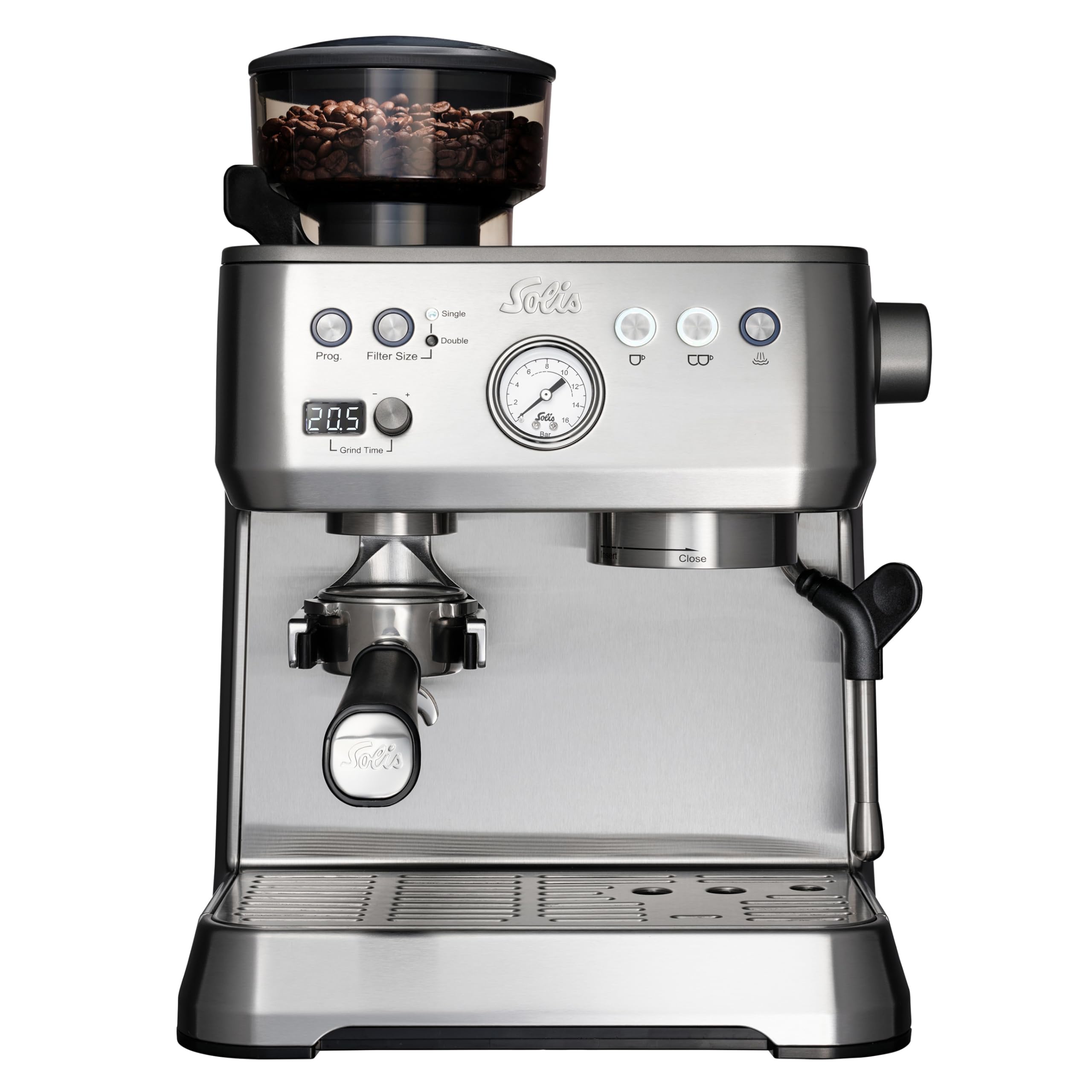 Solis Grind & Infuse Perfetta 1019 Siebträgermaschine - Kaffeemaschine mit Mahlwerk - Integrierte Zero Static Kaffeemühle - Espressomaschine mit Dampf- und Heißwasserfunktion - Edelstahl