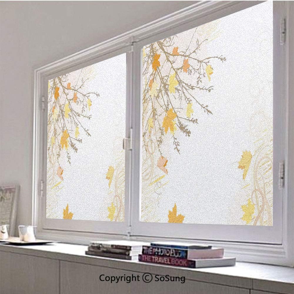 30x42 inch Decorative Static Cling Frosted Privacy Window Film,Autumn Maple Leaves Branches in Fall Earthen Tones Faded Woodland Art Print Glass film for Window Glass Panels,UV Protection,Energy Savin