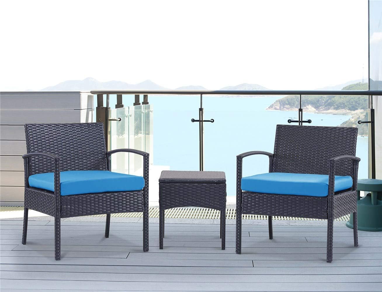 PCAFRS 3 Piece Patio Furniture Set, PE Rattan Wicker 3 Pcs, Outdoor Wicker Rattan Conversation Set with Coffee Table, Chairs & Thick Cushions, Conversation Chair Set for Garden, Porch, Poolside (Blue): Garden & Outdoor