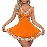 Crexomi Women Sexy Lingerie Babydoll Mini Dress Floral Lace Sheer Chemise Sleepwear Mesh Lingerie Set with G-String