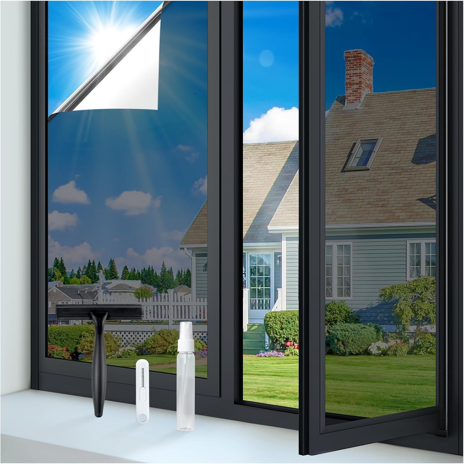 Photo 1 of rabbitgoo One Way Window Privacy Film Tint with 3 Tools for Home, Sun Heat UV Blocking Control Reflective Adhesive Mirror Tint See Out Not in Office Door Covering, Black Silver, 17.5 x 78.7 inches
