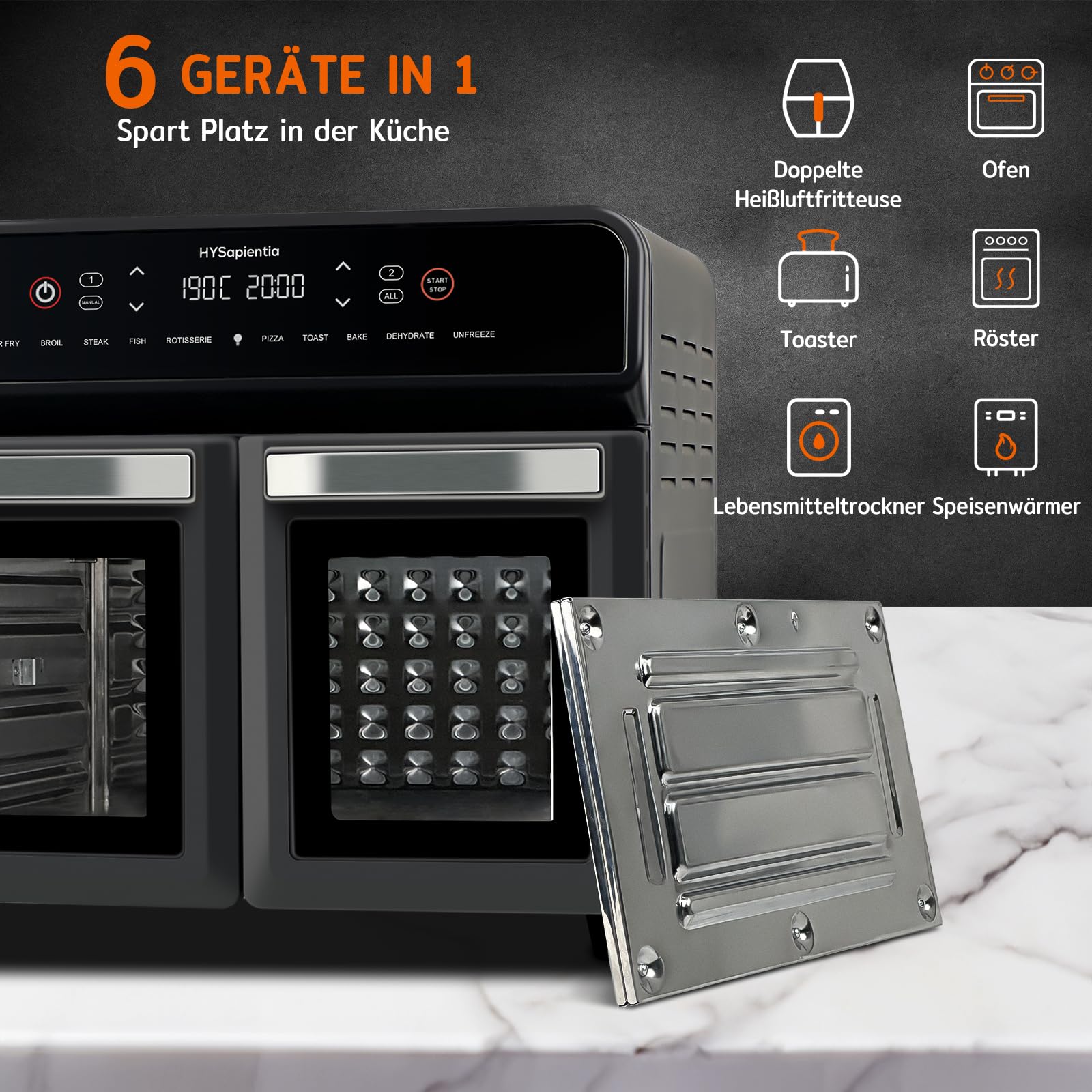 HYSapientia 22L heißluftfritteuse 2 kammern XXL Minibackofen mit Umluft,LED-Touchscreen,10 Programmen, Heissluftfritteuse Dual Zone airfryer Oven,Zwei Kochmodi mit Teilerplatte,Edelstahl,Rotisserie 9