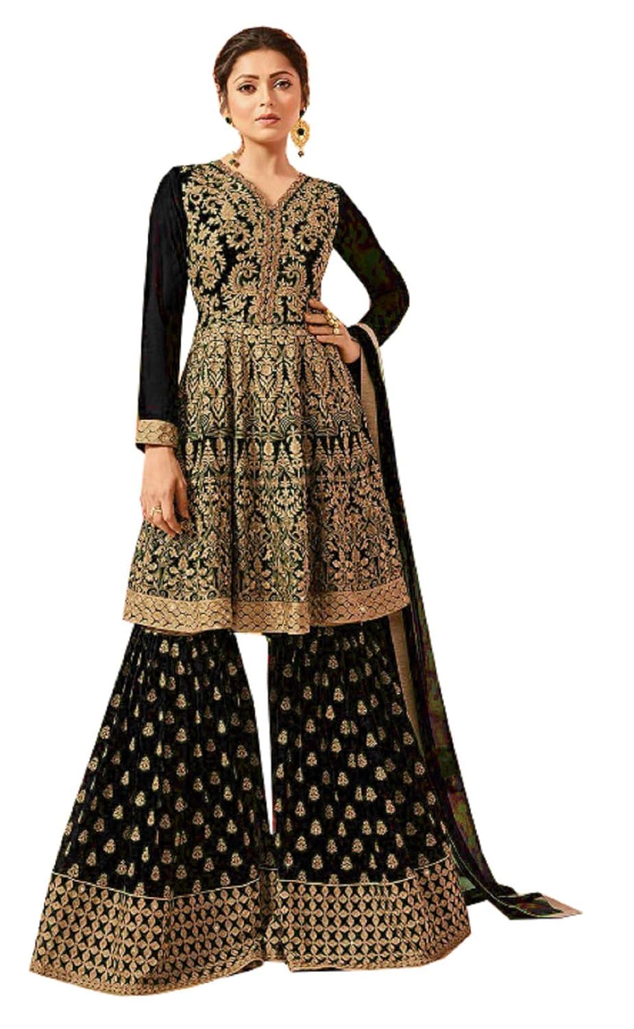 Buy Mordenfab Women's Georgette Embroidered Semi Stictehd Sharara Suit (Black) at Amazon.in