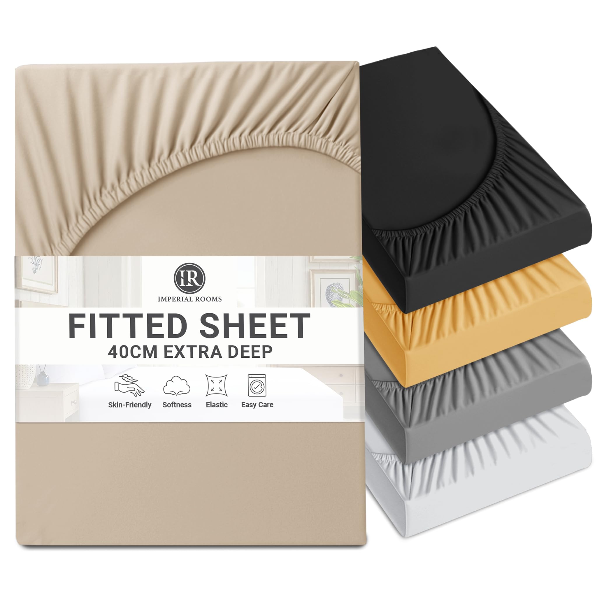 Imperial Rooms Fitted Sheet 40 Cm - Extra Deep Brushed Microfiber Bed Sheets Easy Care Soft Fitted Bed Sheet - Shrinkage and Fade Resistant (Beige, King) — image 1