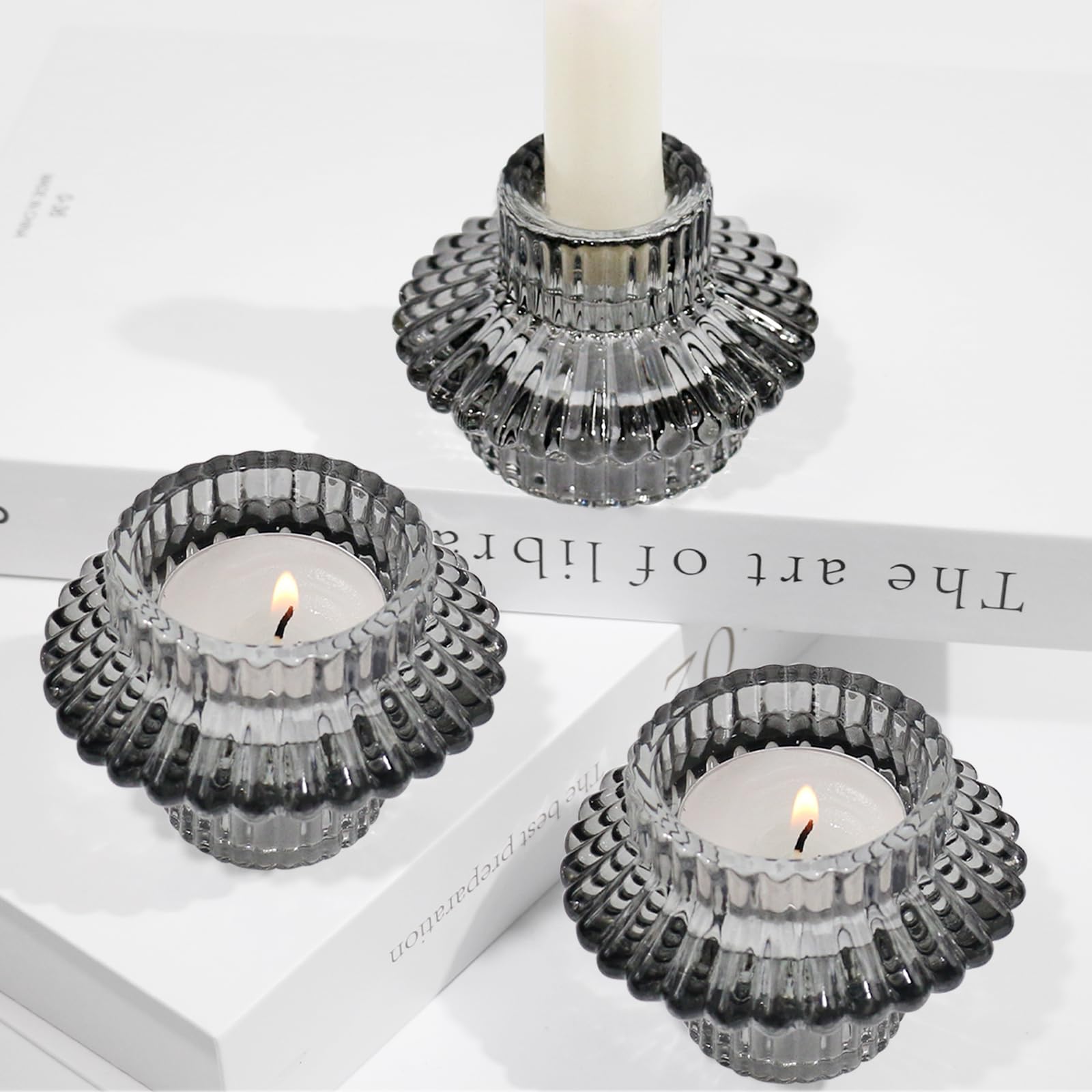 HofferRuffer Glass Candle Holders for Taper & Tealight Candles,Candlestick Holders 3pcs 2 in 1 for Dinner,Wedding Party,Christmas,Livingroom,Gifts Grey