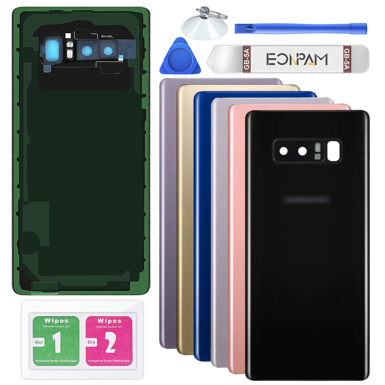 Eonpam Back Cover Glass for Samsung Galaxy Note 8 N950 Rear Glass Replacement with Camera Lens + Repair Kit Genuine Rear Housing (Black)