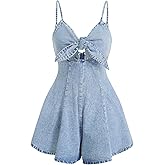 OYOANGLE Women's Vintage Bowknot Spaghetti Strap Denim Romper Sleeveless Wide Leg Jean Short Jumpsuits