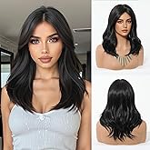 Cemuto Short Wavy Black Wig for Women Glueless Synthetic Wavy Bob Wig Shoulder Length 16 Inch