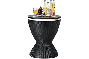 S AFSTAR Cool Bar Table, 8 Gallon Rattan Patio Bar Cooler Table with Ice Bucket & Height Adjustable Tabletop, Beer & Wine Cooler, Outdoor Indoor Cocktail Coffee Table for Patio Party Pool Deck (Black)