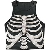 Meladyan Women Y2K Skeleton Graphic Print Aesthetic Crop Tank Top Sleeveless Ribbed Knit Grunge E-Girl Goth Cropped Vest Tops Black