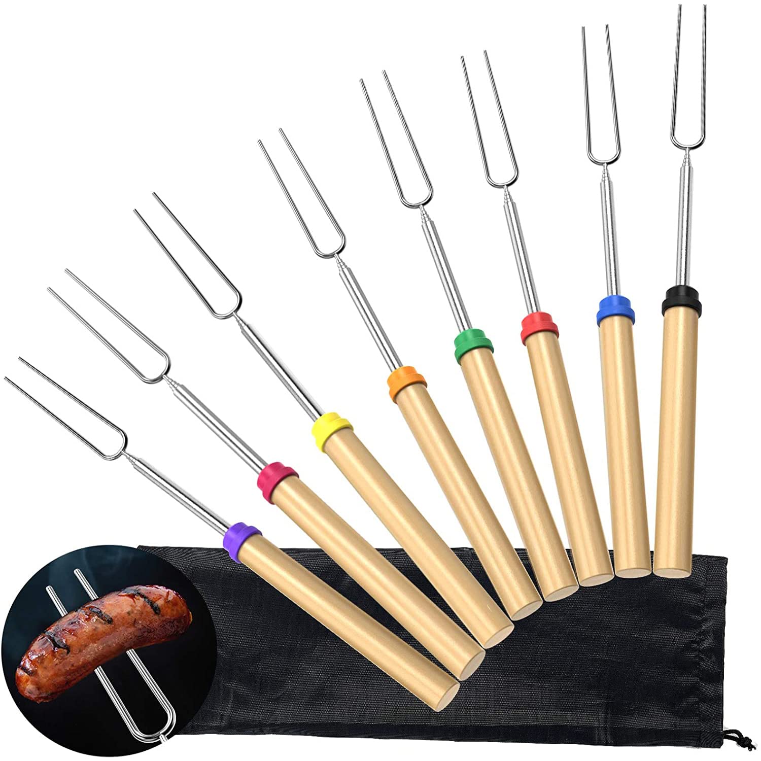 8 Pack Marshmallow Toasting Forks Kit - Extendable Barbecue Forks Stainless Steel Sticks for BBQ and Camping - Retractable Outdoor Campfire Accessories for Roasting Marshmallows and Hot Dogs