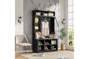 AIEGLE Hall Tree with Bench and Shoe Storage, 3-in-1 Entryway Hall Tree with Coat Rack, Hall Tree with 6 Shoe Storage Cube and 4 Hanging Hooks, Black (39.8" L x 17.3" W x 67.1" H)