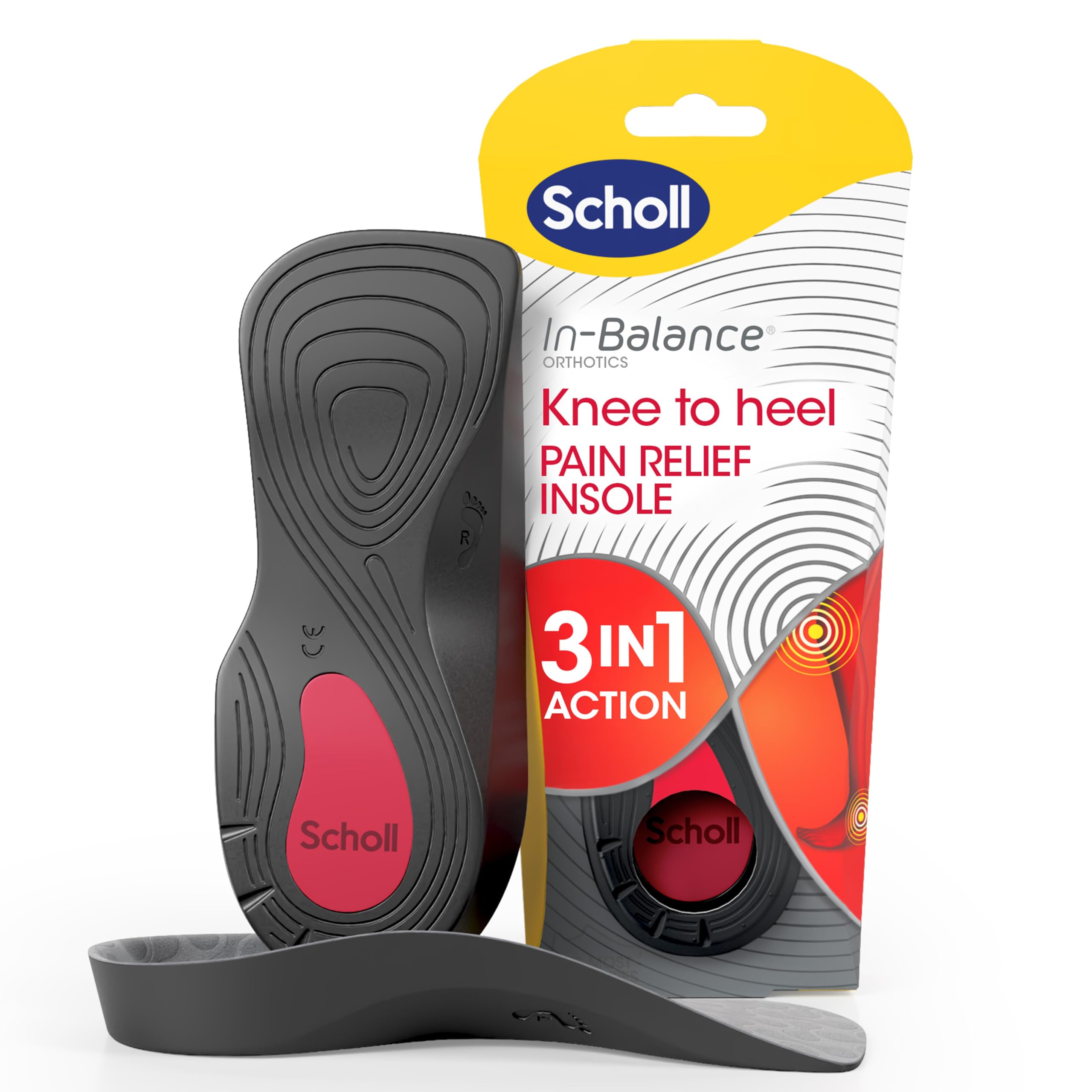 Scholl In-Balance Orthotics Knee to Heel Insoles, 3-in-1 Insoles for Knee and Heel Pain Relief - Deep Heel Cup and Arch Support - Size Large, UK 9-11, 1 Pair
