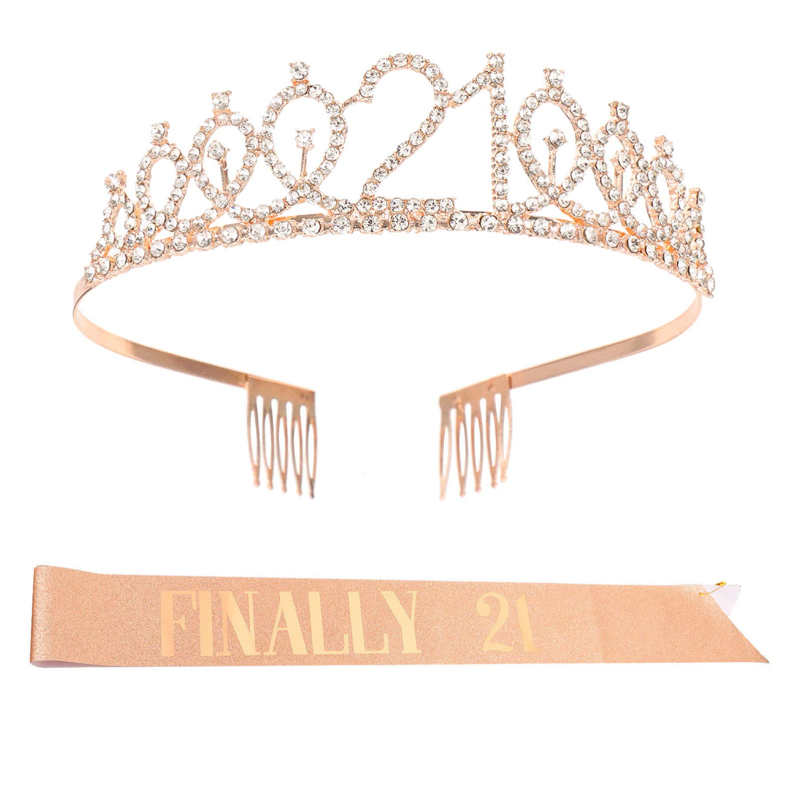 NUOBESTY Sash Rhinestone Tiara Kit Gold Glitter Princess HeadbandFinally 21 Birthday Queen Sash for Women 21st Birthday Party Supplies Rose Gold
