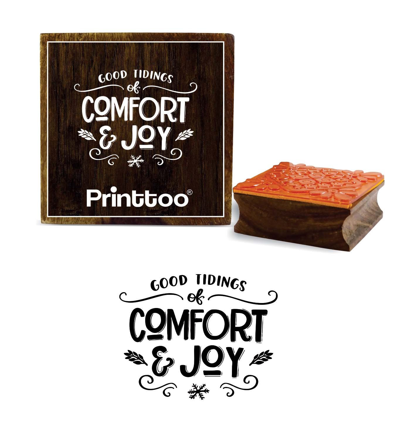 Printtoo Good Tiding of Comfort & Joy Text Design Square Wooden Rubber Stamp-2 x 2 Inches