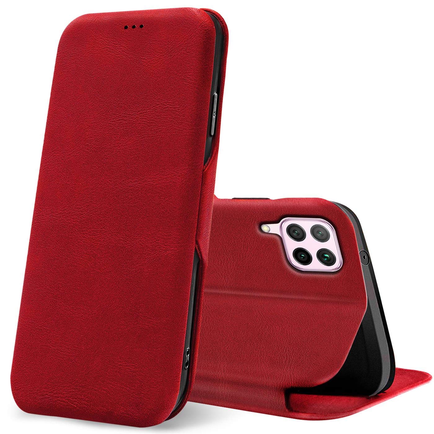 Verco Book Style for Huawei P40 Lite Case, Premium Magnetic Flip Cover for Huawei P40 Lite Wallet Case with Card Slot, Red