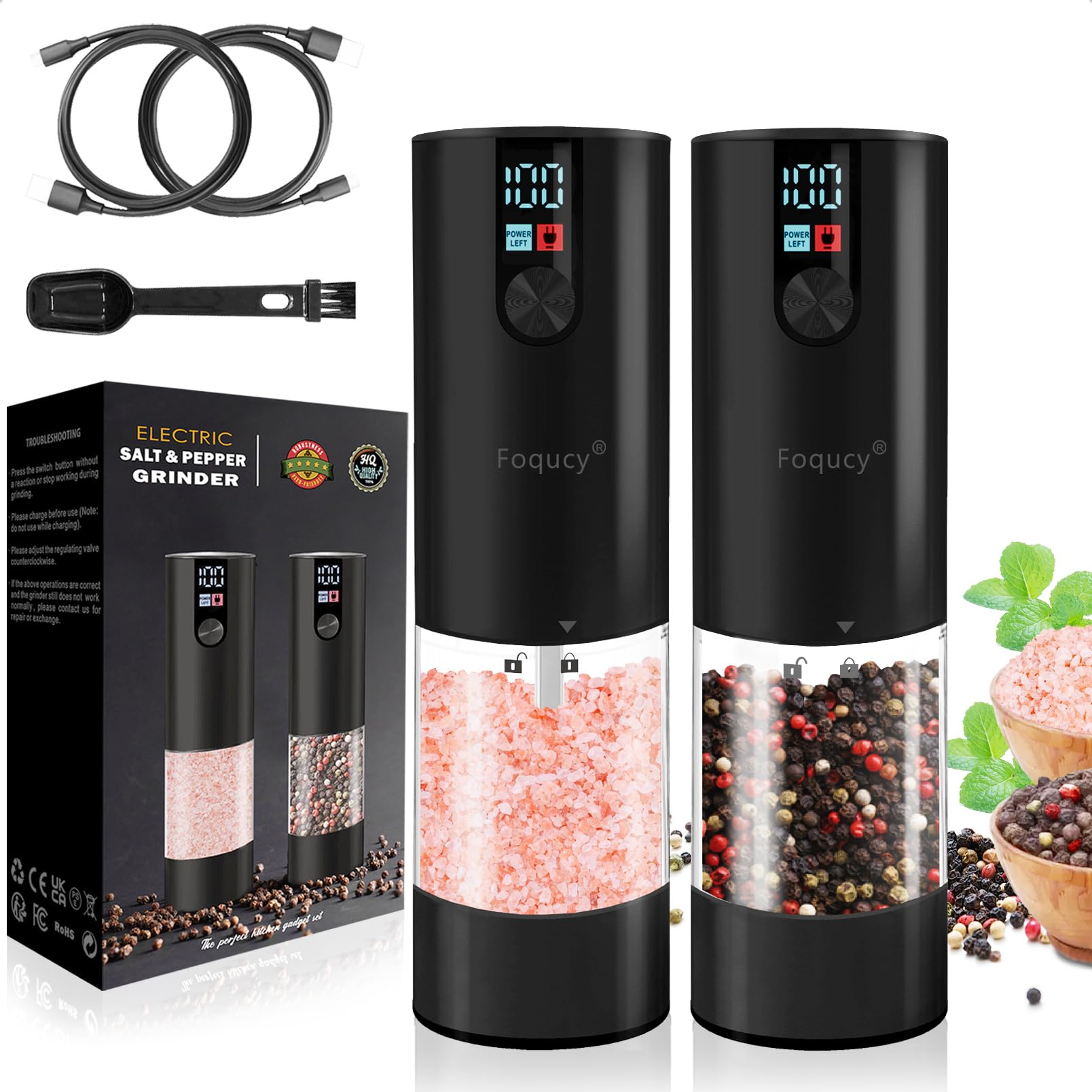 Photo 1 of Electric Salt and Pepper Grinder Set - Upgraded Larger Capacity, with display screen and LED lights, USB Rechargeable, Adjustable Coarseness, 2 Pack(Black)