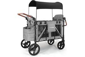Cochildor Elite Pro All-Terrain 4 Seater Wagon Stroller for Kids - Heavy-Duty 300lb Capacity, One-Hand Fold Design, High Seats with 5-Point Harness, Adjustable Canopy and Handlebars, Light Grey