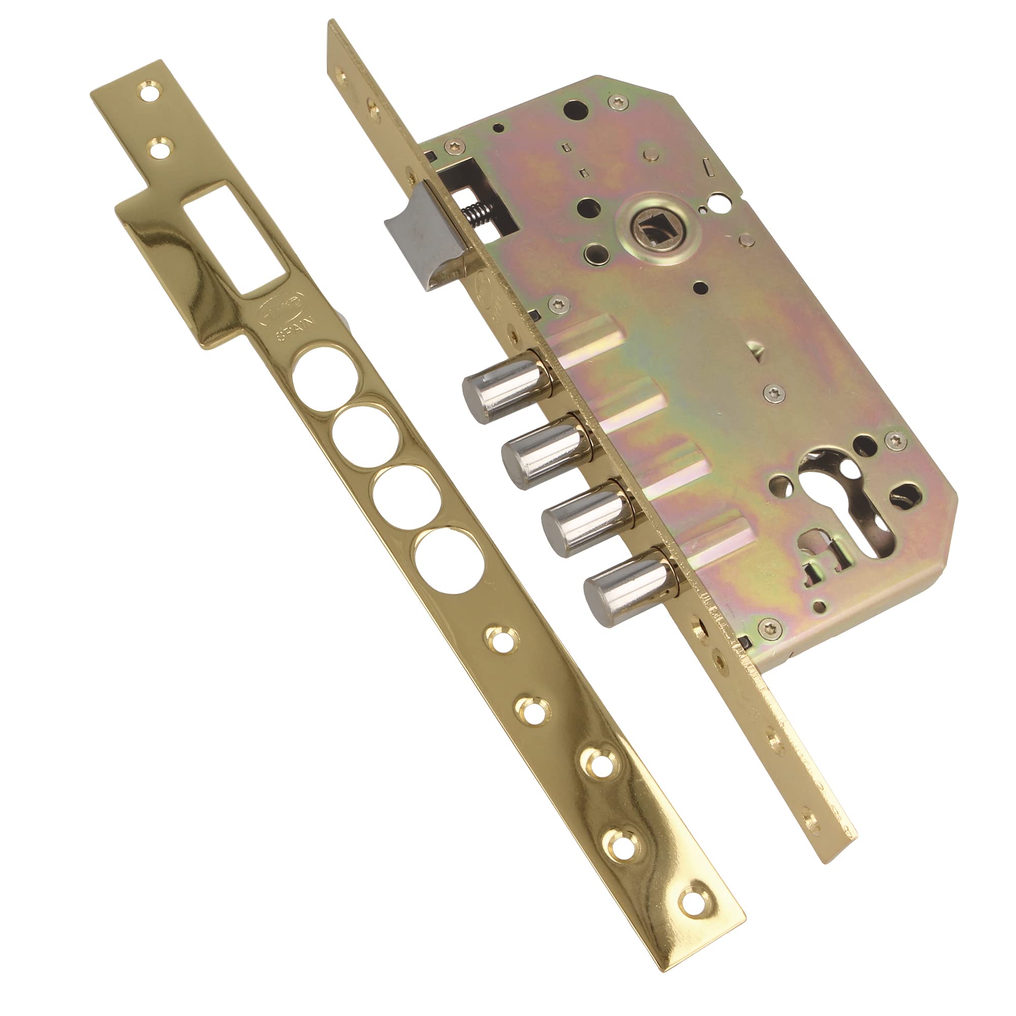 Amig - Mortice Lock with Bolts for Wooden Doors Mod. 100 Base - 50/85 mm - Without Cylinder and Safety Shield - Reversible Handle - Varnished Brass Steel