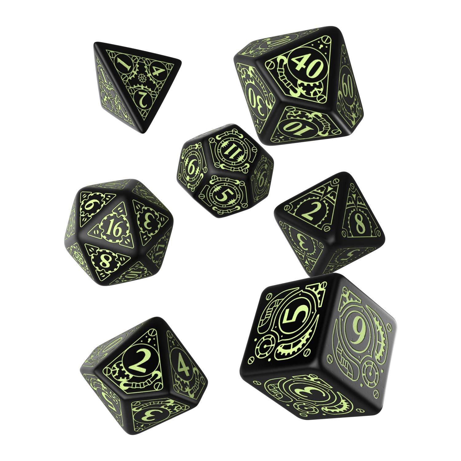 Q-Workshop QWOSTE19 Qworkshop 7 Piece Steampunk Glow in The Dark Dice Set, Black - Multi-Color