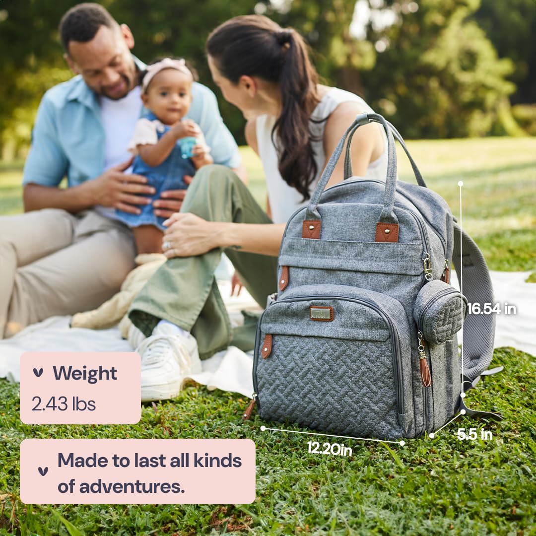 BabbleRoo Diaper Bag Backpack - Baby Essentials Travel Tote - Multi Function Water Resistant Diaper Bag, Travel Essentials Baby Bag with Changing Pad, Stroller Straps & Pacifier Case - Dark Gray