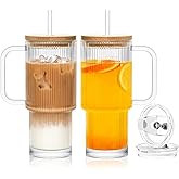 SoulTimes 24oz Ribbed Glass Tumbler with Handle and Bamboo Lid, Set of 2 Glass Cups with Lids and Straws for Coffee, Tea, Juice and Smoothies, Reusable Iced Coffee Cups Includes 2 Sealed Plastic Lids