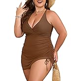 B2prity Women's Plus Size One Piece Swimdress Swimsuit Tummy Control Slimming Swim Dress Mesh Drawstring Skirted Bathing Suit