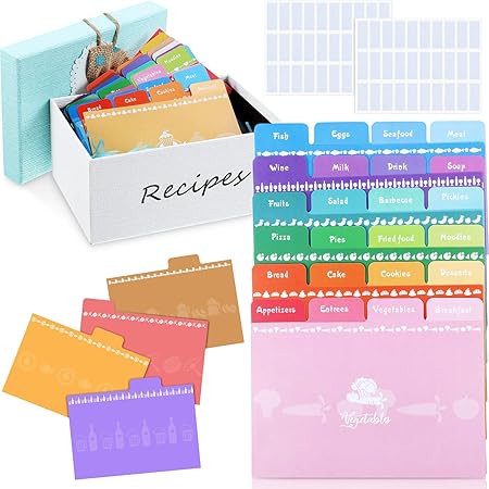 Amazon レシピカードディバイダータブ36枚 ラベル付き24枚とブランクタブ12枚 粘着ラベル60枚 4 X 6インチのカードに対応 レシピ ボックス整理用 レインボーカラースタイル ラベル用紙 文房具 オフィス用品