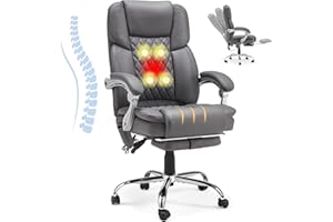 HOMREST Executive Office Chair with Footrest, 4-Point Massage Office Chair with Reclining Backrest, Heated Leather Computer Chair for Home Office, Grey