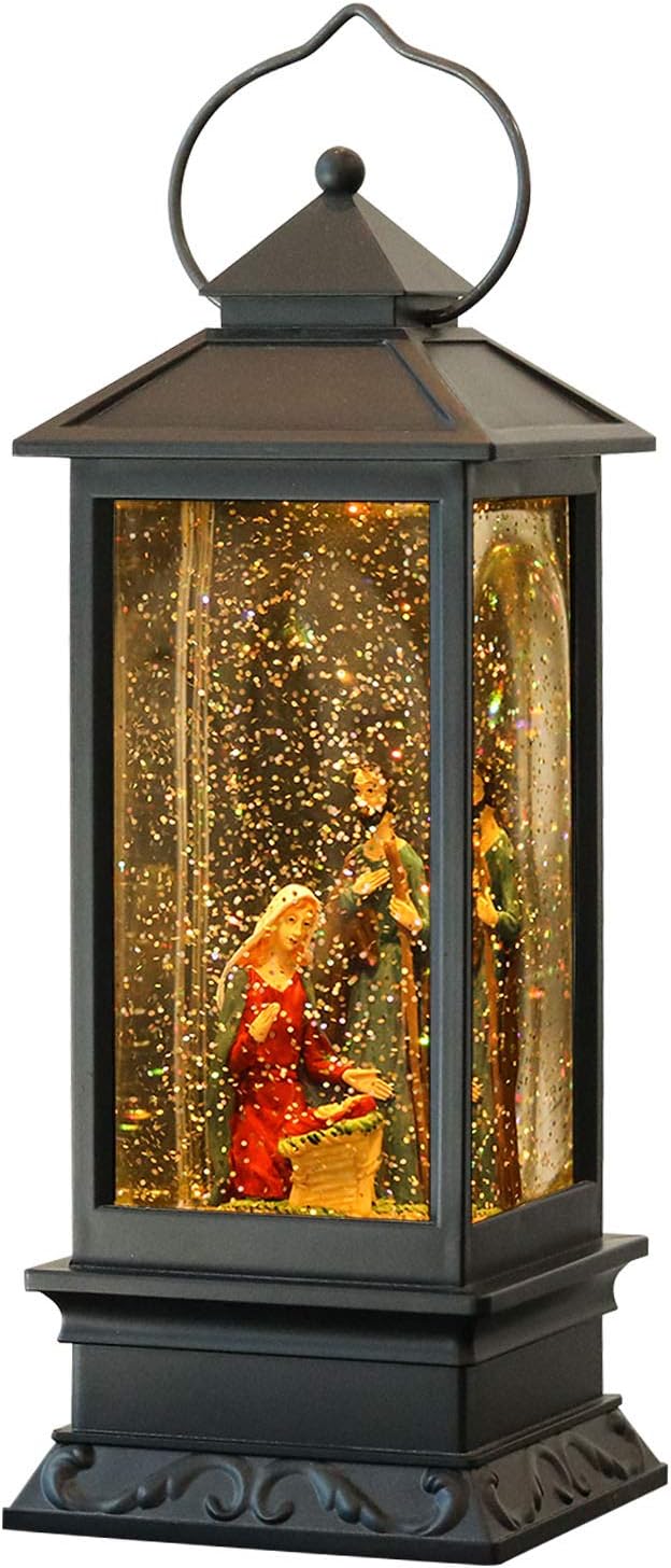 Snow Globes - Wondise Lighted Musical Snow Globe Lantern with 6 Hour Timer, 12 Inches USB Powered and Battery Operated Spinning Water and Swirling Glitter Christmas Snow Globe Lantern Gifts(Nativity)