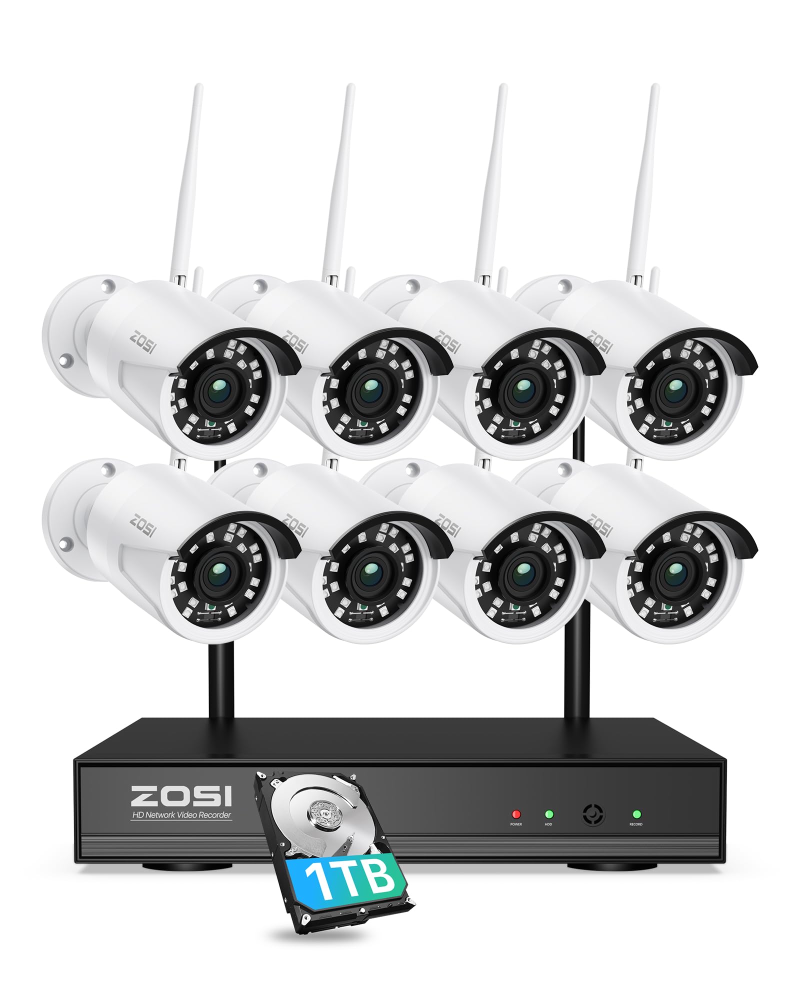 Photo 1 of ZOSI 8CH 2K WiFi Security Cameras System Outdoor with 1TB HDD, 8Pcs Weatherproof Plug-in Cameras, Night Vision, Smart Motion Detection, 2K H.265+ 8 Channel Home Surveillance NVR for 24/7 Recording