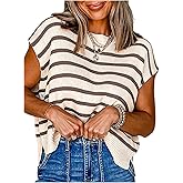Verdusa Short Sleeve Sweater for Women Casual Striped Fall Sweaters Crew Neck Knit Tops