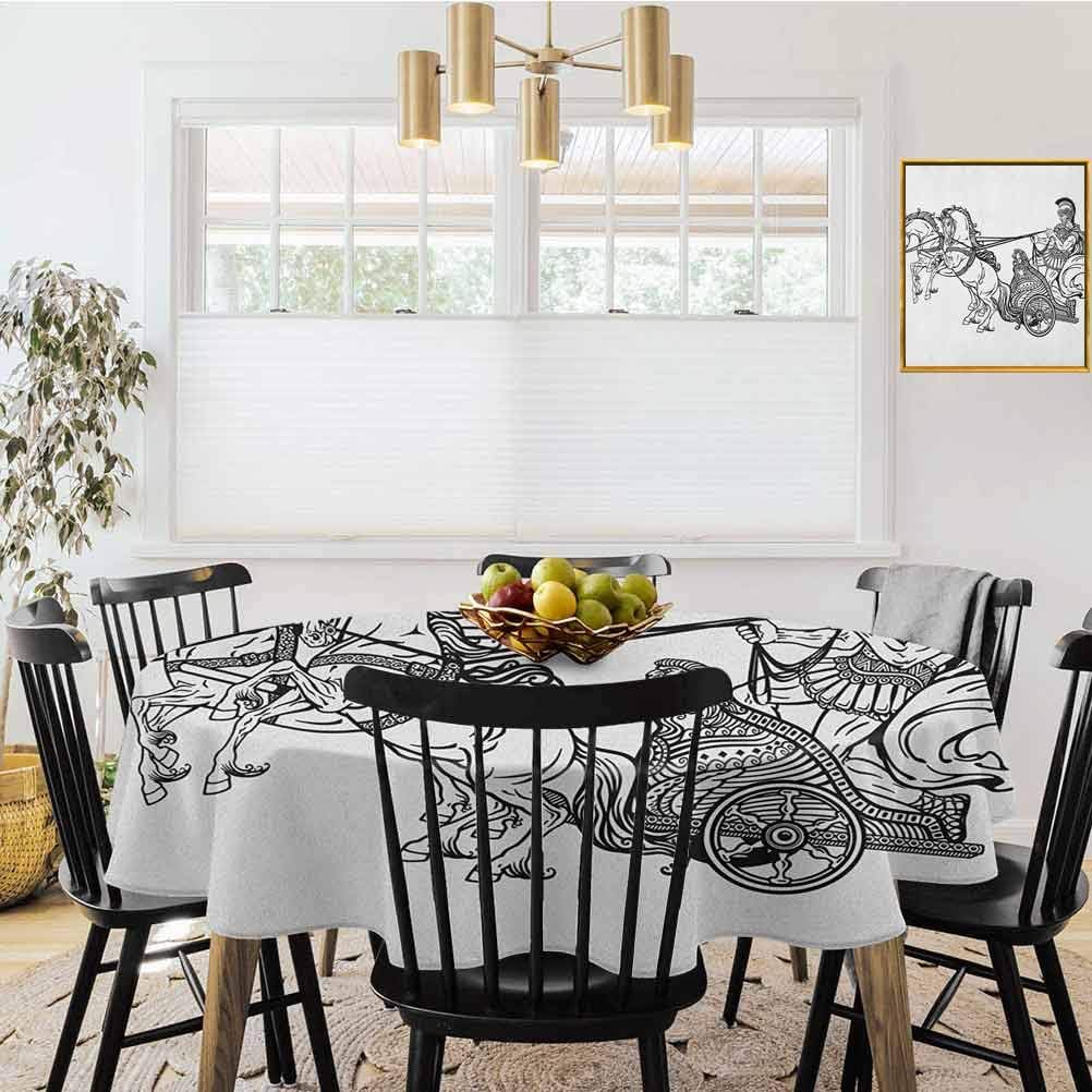 shirlyhome Toga Party Covers for The Home Table Cover Roman Warrior in a Chariot Pulled by Two Horses Historic Carriage Monochrome for Kitchen Dinner Table Black White (Diameter 70")