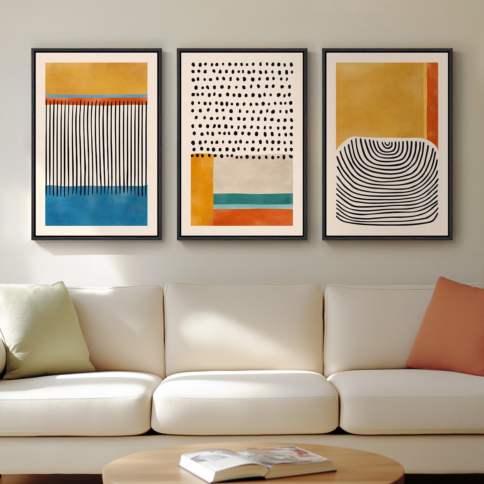Photo 1 of Framed Colorful Abstract Wall Art for Living Room, 3 Piece Mid-century Modern Canvas Prints Paintings Artwork for Walls, Bright Yellow Block Lines Pictures for Hallway Dining Bedroom Wall Decor -16x24