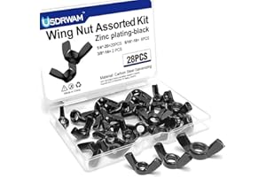 USDRWAM 28 Pcs Wing Nuts Assorted Kit, 1/4"-20, 5/16"-18, 3/8"-16 Butterfly Hand Tighten Nuts, Carbon Steel Zinc-Plated Black Wing Nuts for Furniture, Machinery, and Easy Assembly Projects