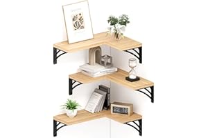 Smatto Corner Floating Shelves Set of 3, Wall Mounted Wood Shelves, Heavy Duty Floating Wall Shelves for Kitchen Bathroom Storage, Hanging Shelves for Living Room Decor, Bedroom and Office, Nature