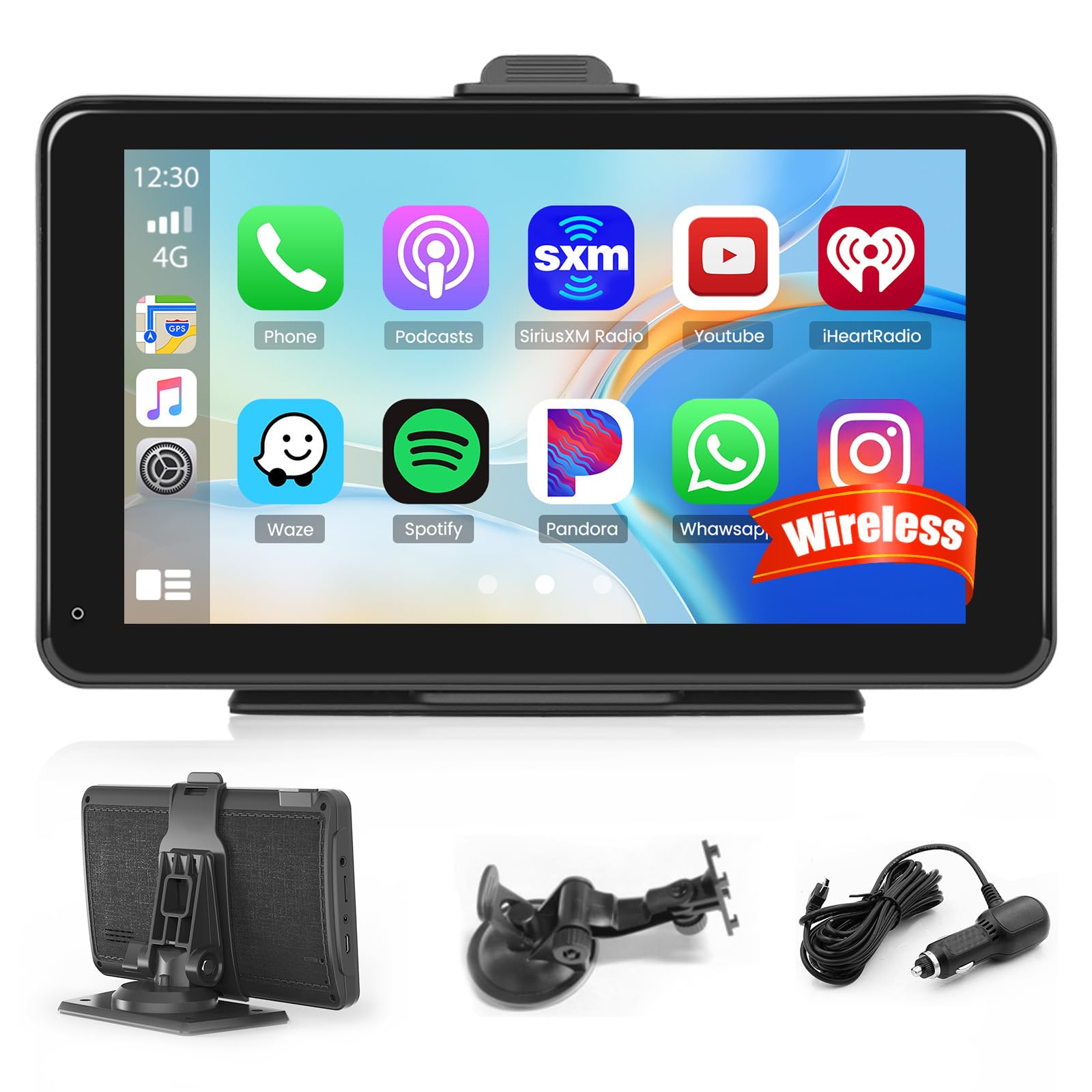 Portable Car Stereo, Wireless Apple CarPlay Android Auto Screen for Car, 7 inch HD Touchscreen Radio Portable Car Player with Bluetooth Live Navagation AUX FM Voice Control Airplay