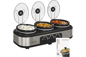 Royalcraft Slow Cooker with 10 Cooking Liners, 3 in 1 Buffet Servers Dips Pot, Food Warmers for Parties with 3 Spoons, Lid Rests, Removable Oval Ceramic Pots, Total 4.5QT Silver