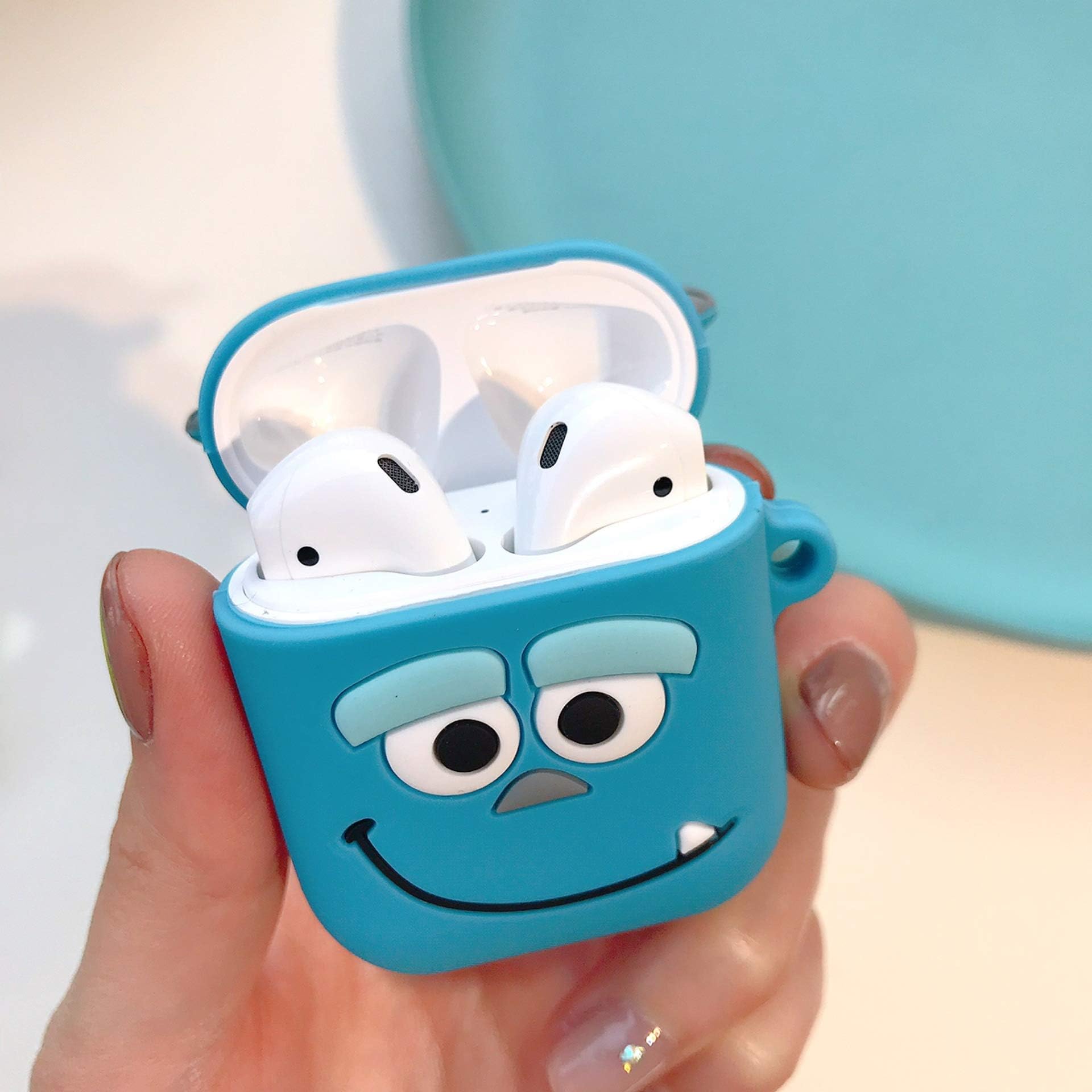 Airpods Case, 3D Cute Cartoon Blue Monster Case for Apple Airpods 1&2, Airpods Accessories Protective Silicone Cover and Skin with Carabiner for Apple Airpods Charging Case (Blue Momster)
