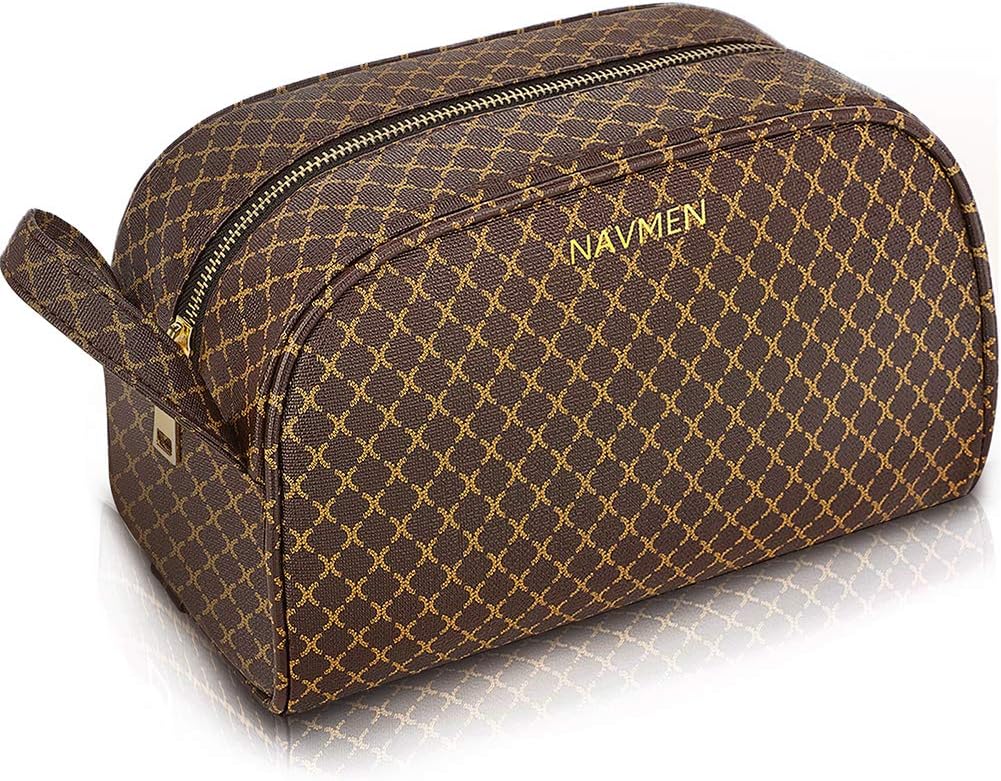 Large Travel Cosmetic Bag Organizer Toiletry Bag Portable Makeup Bag for Women Girls PU Leather Metal Zipper for Business School Sating Shopping (Brown)
