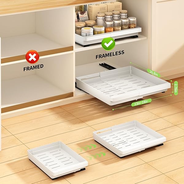 DOMNIU 2 PACK PULL OUT CABINET ORGANIZERS EXPANDABLE (13”-19”), PLASTIC SLIDE OUT DRAWERS FOR KITCHEN, BATHROOM, PANTRY, UNDER SINK STORAGE, PULL OUT DRAWERS FIXED WITH ADHESIVE NANO FILM (WHITE)