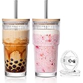 KEMORELA 20oz Ribbed Glass Tumblers with Dual Lids & Stainless Steel Straws –2-Pack Vintage Insulated Drinking Glasses for Boba, Iced Coffee, Smoothies, Hot & Cold Drinks, Reusable Travel Cups
