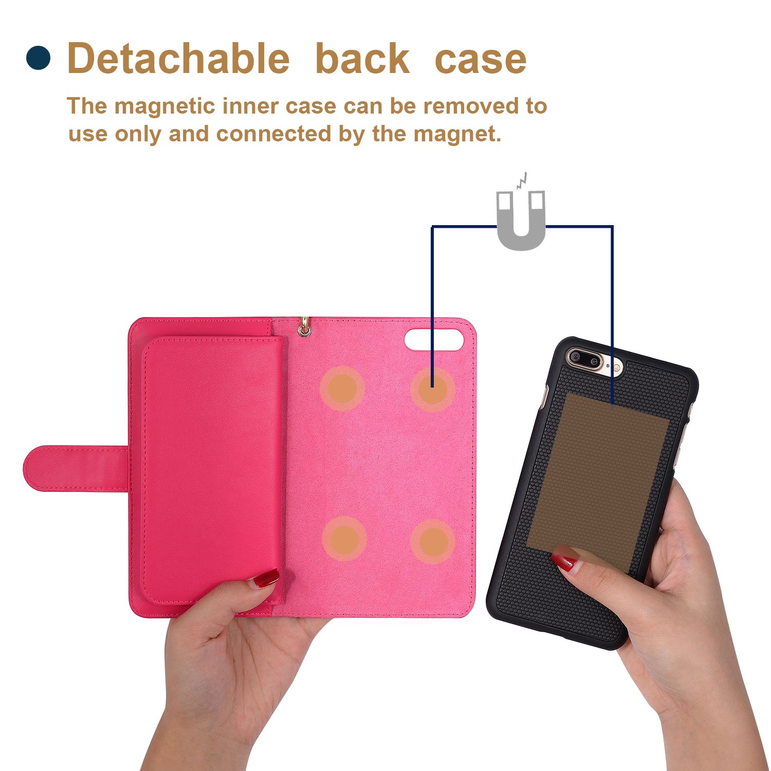 2 in 1 iPhone 7 iPhone 8 Case Wallet Folio Flip PU Leather Case Magnetic Detachable Inner Shell and Slim Back Cover Card Holder Slot Wrist Strap for iPhone 7 iPhone 8 4.7 inch (Hot Pink-7/8)