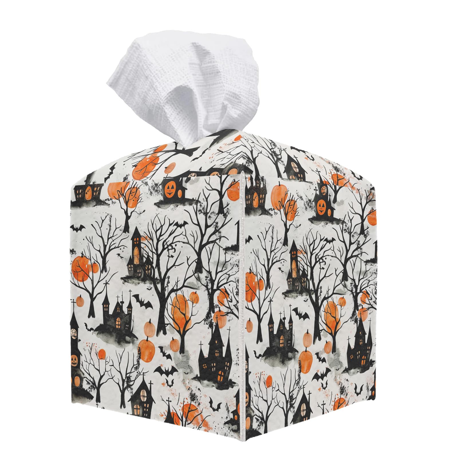 Photo 1 of Halloween Haunted House Leather Tissue Box Cover, Tissue Box Cover Square, Decorative Facial Paper Organizer for Bathroom, Vanity, Home Office Car Decorations - A03