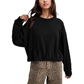 OLAPTA Women Solid Long Sleeve Crew Neck Bubble Hem Cropped Sweatshirt
