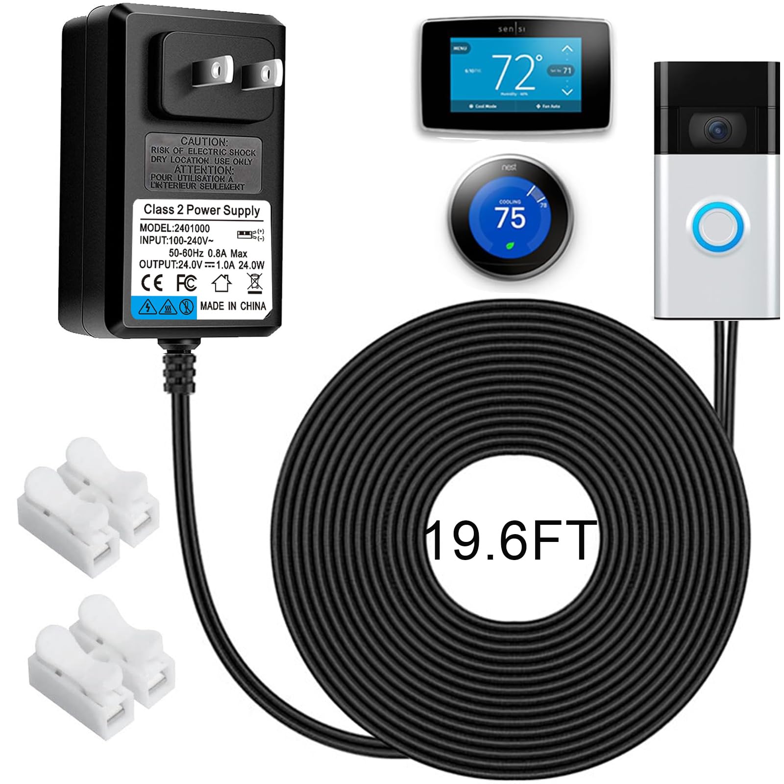 Photo 1 of 24V Doorbell Transformer - 110V/120V AC to DC 24V Adapter - Compatible with Ring Doorbell, Thermostat, LED Strip Light - 19.6FT Black Cord